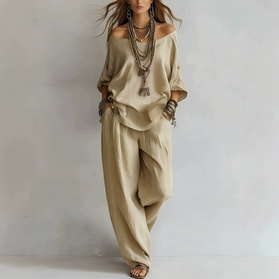 Off-Shoulder Two-Piece Set with Batwing Sleeve Top and High-Waist Wide-Leg Pants