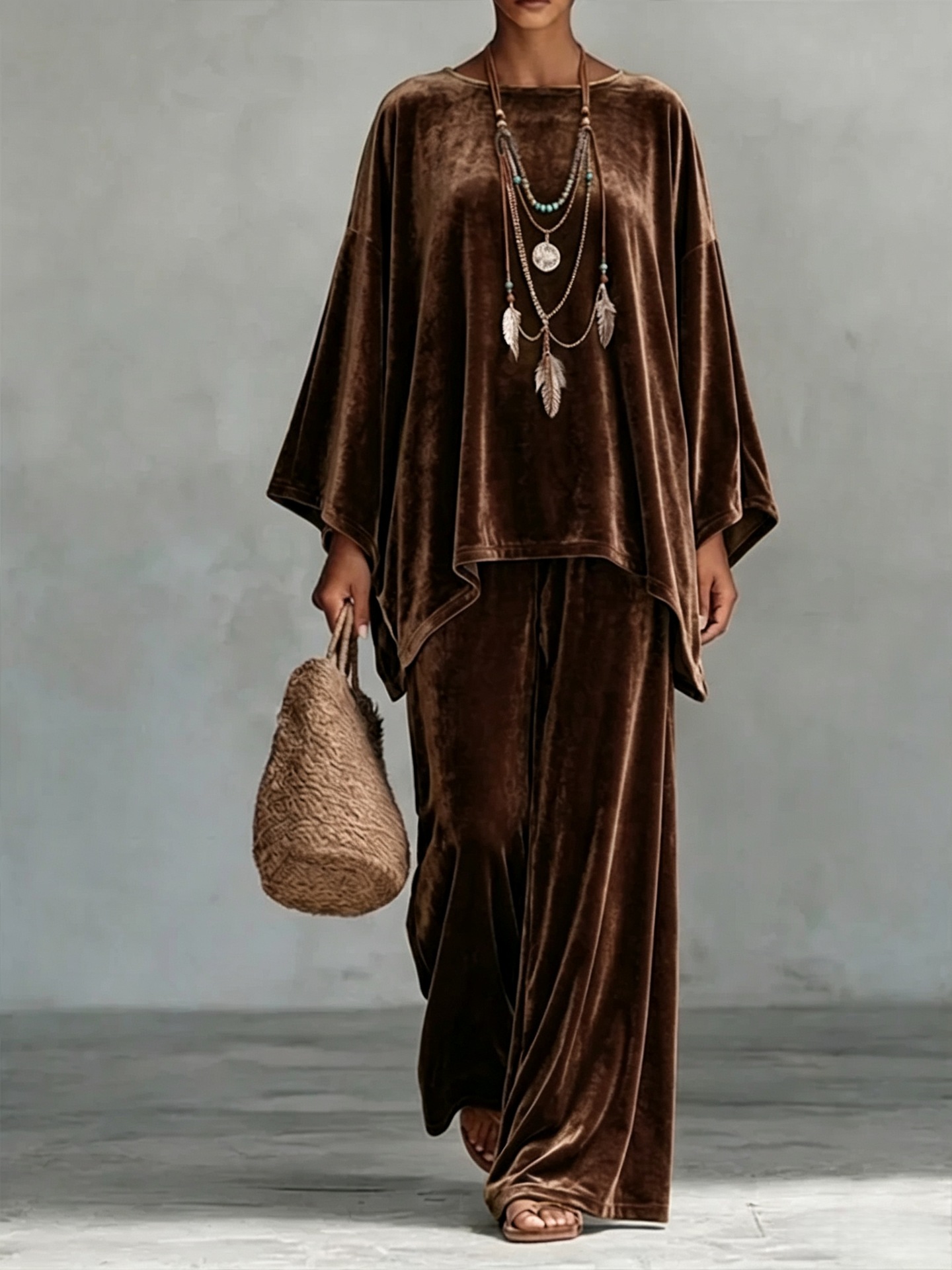 Women's Velvet Round Neck Long Sleeve Shirt and Wide Leg Pants Set