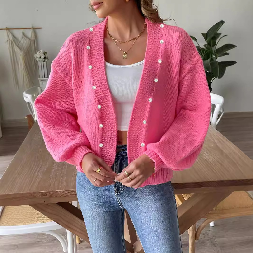 Women's Cropped Pearl Beaded Cardigan Sweater Coat