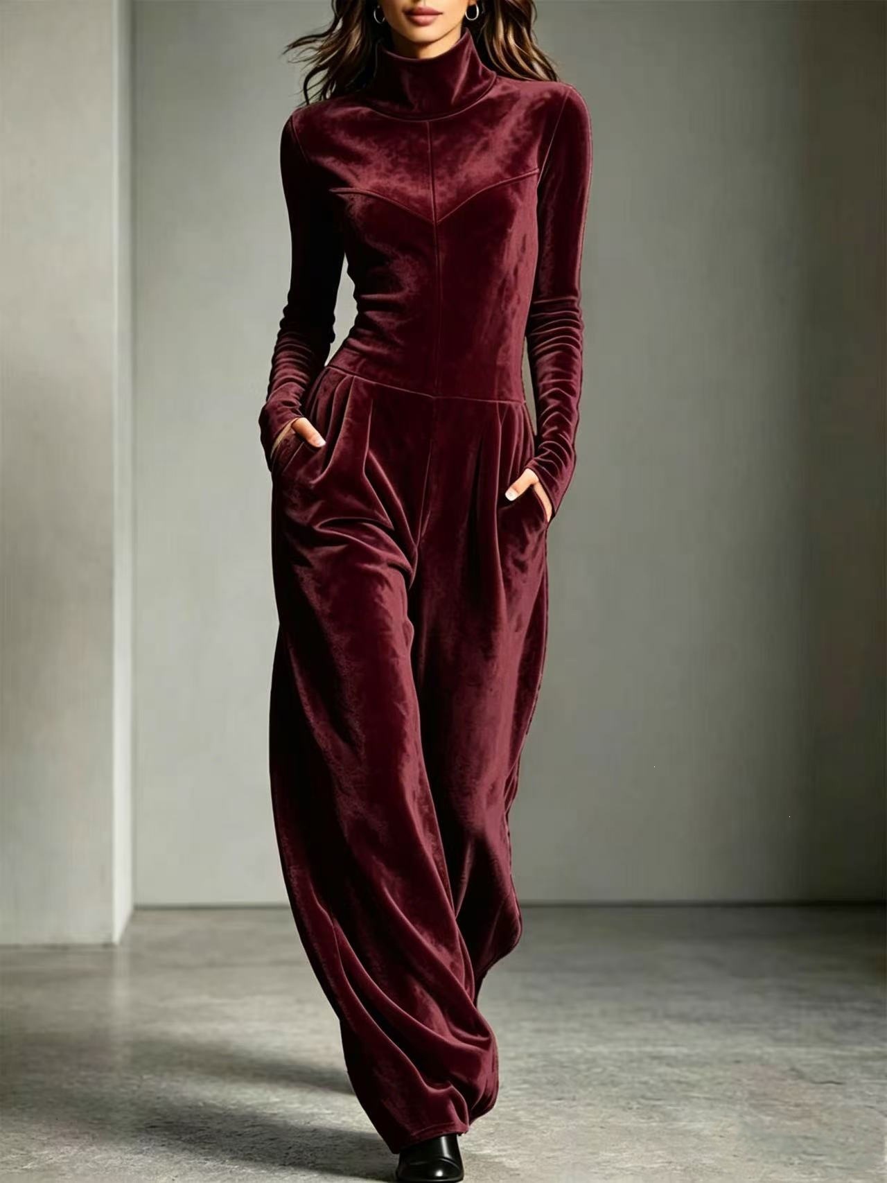 Women's Turtleneck Solid Color Korean Velvet Long Sleeve Jumpsuit