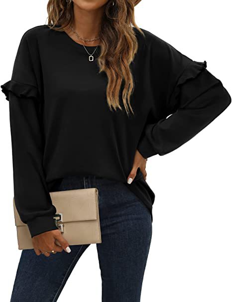 Women's Solid Color Crewneck Sweatshirt with Ruffle Trim Long Sleeve