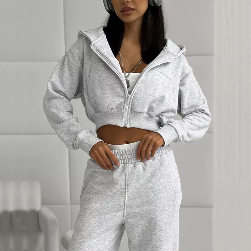 Sexy Cropped Hooded Cardigan and Pants Set Long Sleeve
