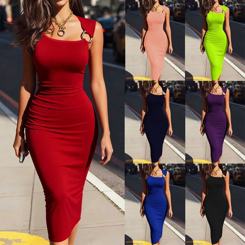Women's Asymmetric Neckline Slim Fit Bodycon Sleeveless Dress