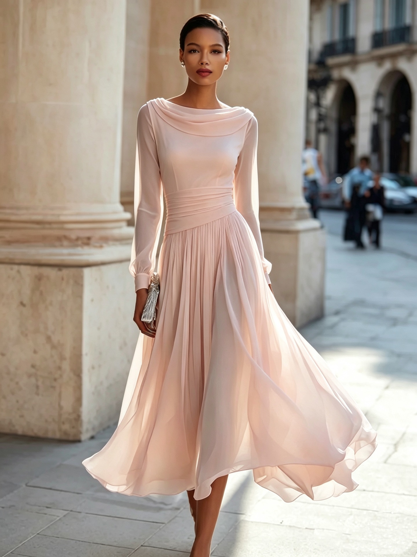 Elegant Cowl Neck Long Sleeve Midi Dress