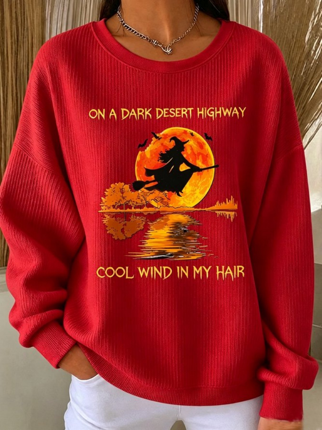 Halloween Witch Broom Print Crewneck Long-Sleeve Pullover Sweatshirt