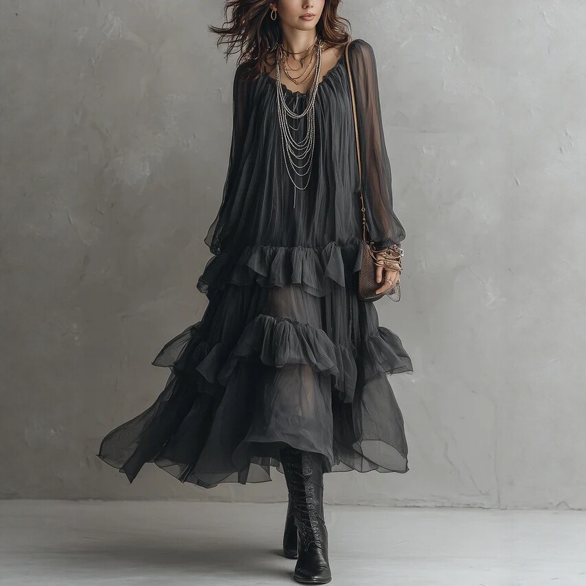 Sheer Chiffon Long Sleeve Tiered Ruffle Maxi Dress