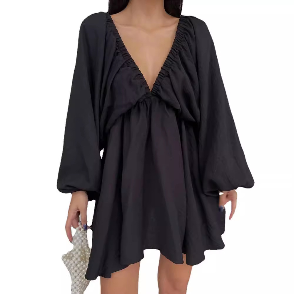 V-Neck Long Sleeve Bubble Sleeve Flared Dress