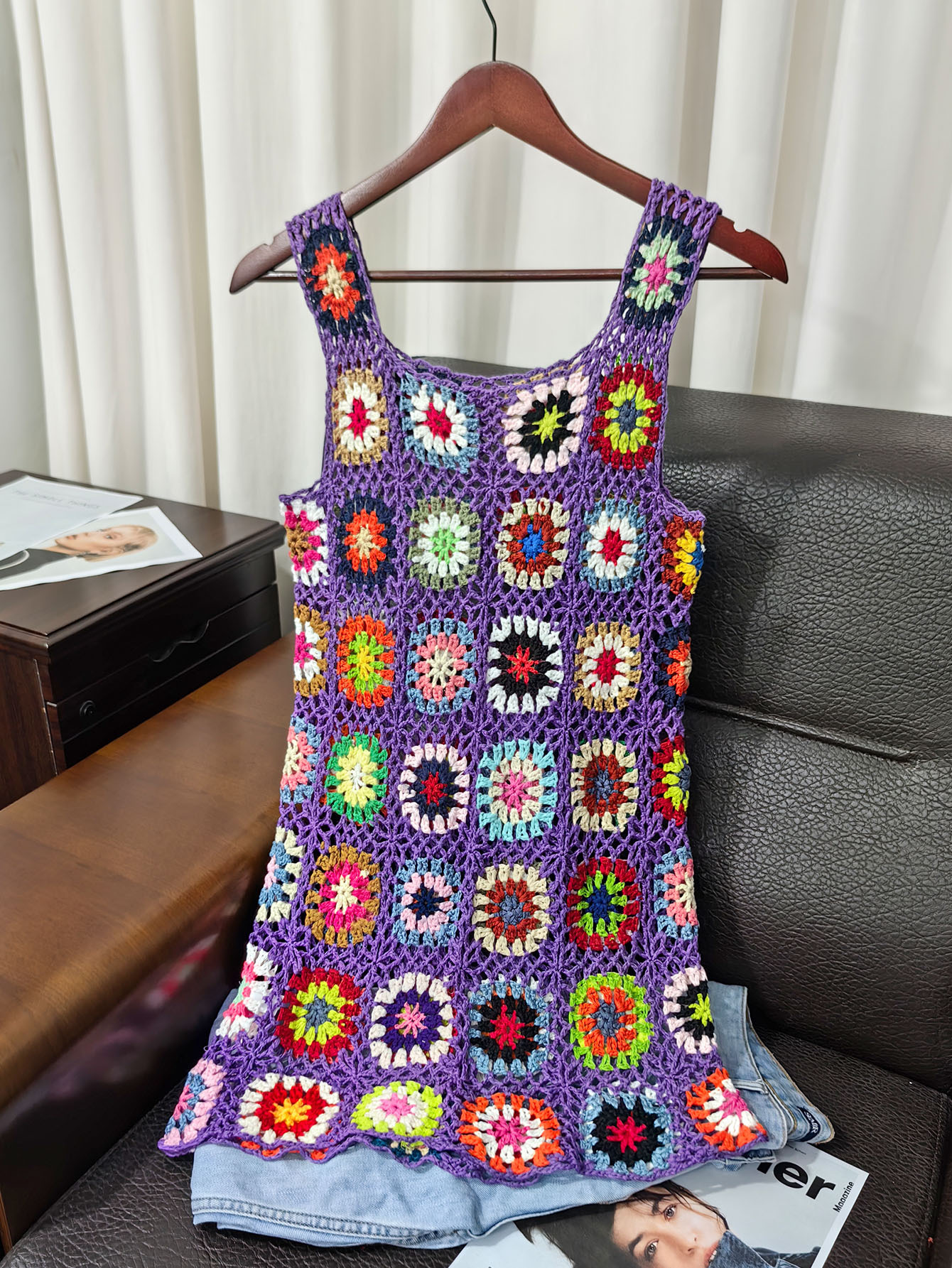 Bohemian Hand-Crocheted Hollow Out Cami Dress Sexy Diamond Grid Vest Dress
