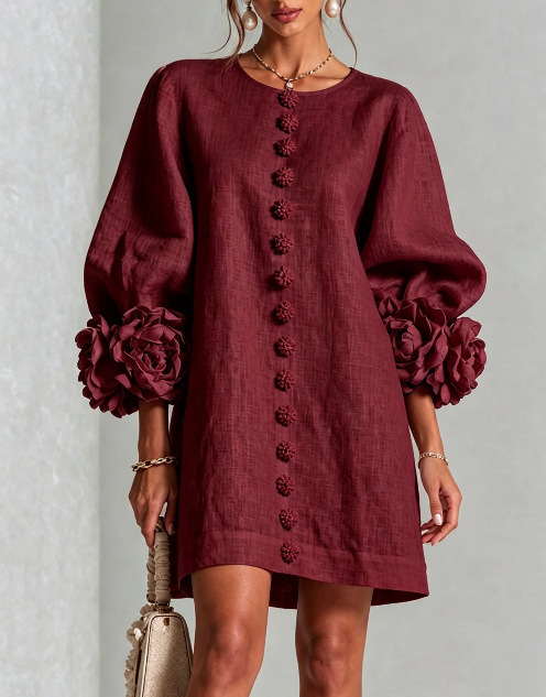 French 3D Floral Lantern Sleeve Cotton Linen Dress Round Neck Button Front Loose Short
