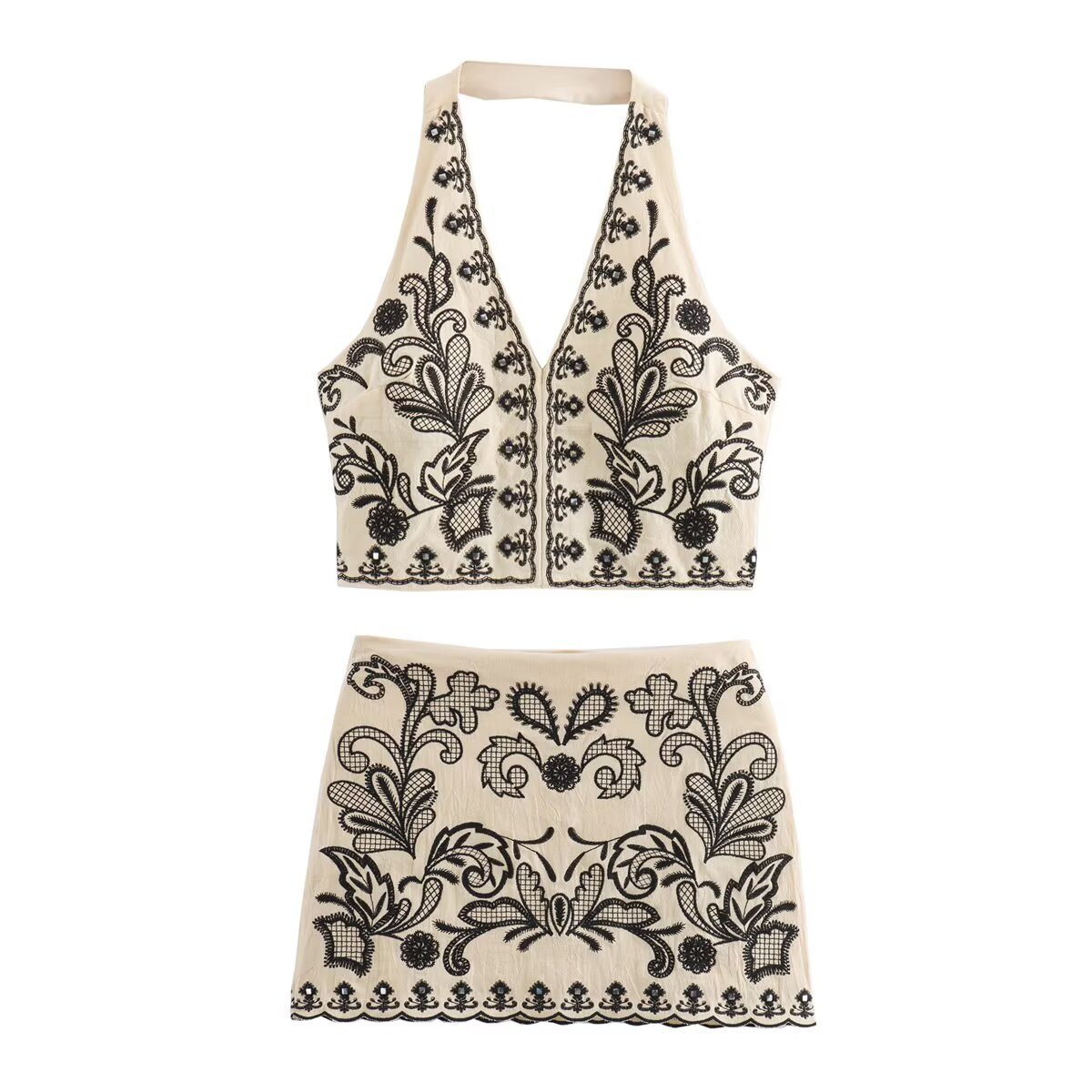 Embroidered Halter Neck Crop Top and Mini Skirt Set
