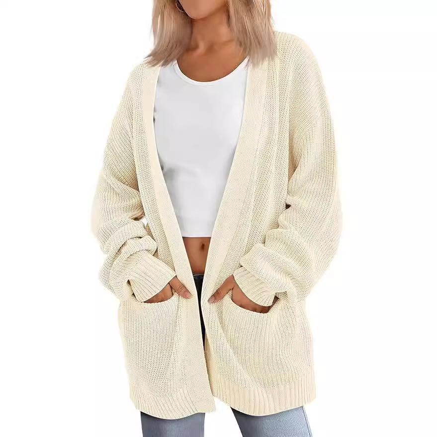 Women's Long Knit Cardigan Loose Cable Knit V-Neck Sweater Coat with Pockets