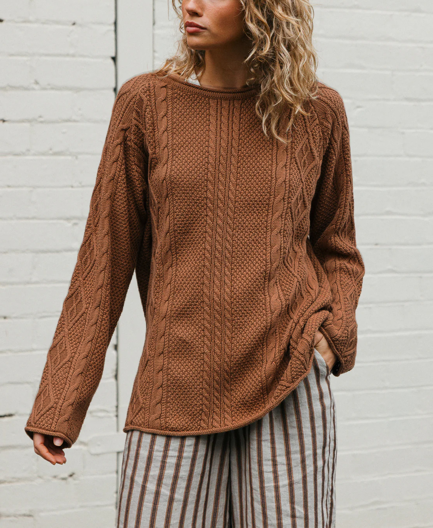 Women's Cable-Knit Sweater Crewneck Loose Fit Long Sleeve Pullover