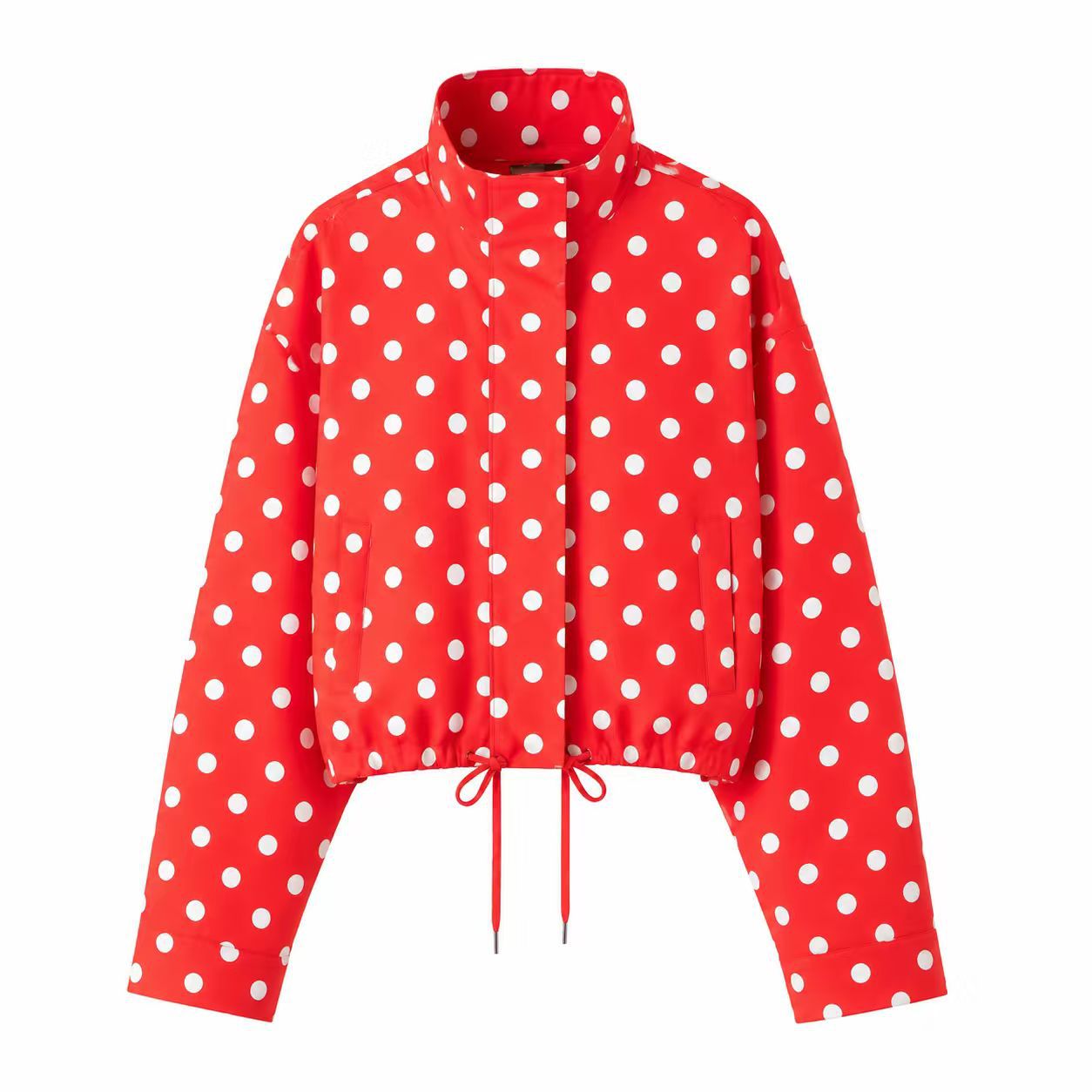 Women's Polka Dot Zip-Up Jacket with Drawstring Stand Collar