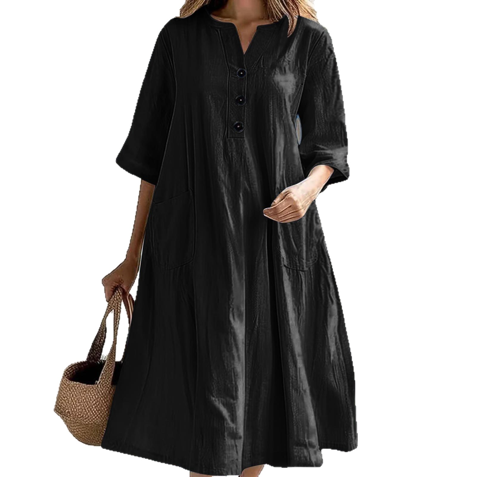 Women's Midi V-Neck Half-Sleeve Cotton-Linen Dress with Pockets