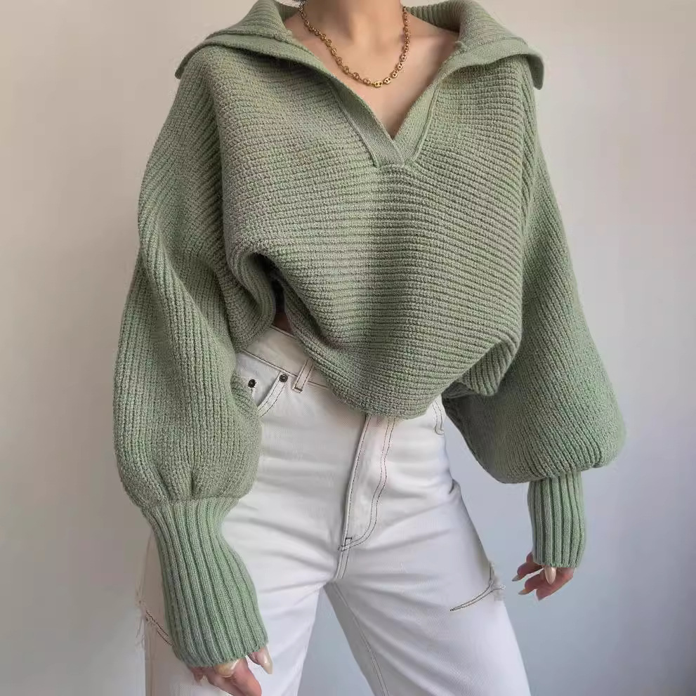 Women's Loose Lantern Sleeve Open Collar Pullover Cropped Sweater