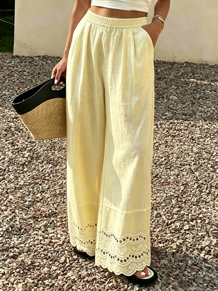 Women's Solid Lace Trim Cotton Linen Wide Leg Pants