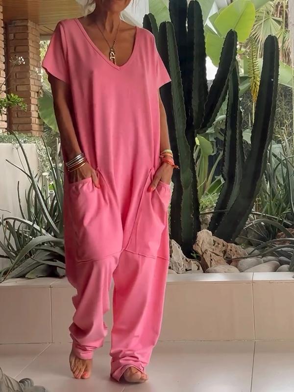 Women's Solid Color V-Neck Short Sleeve Jumpsuit with Pockets