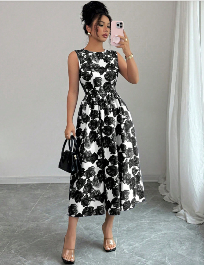 Printed Sleeveless A-Line Midi Dress