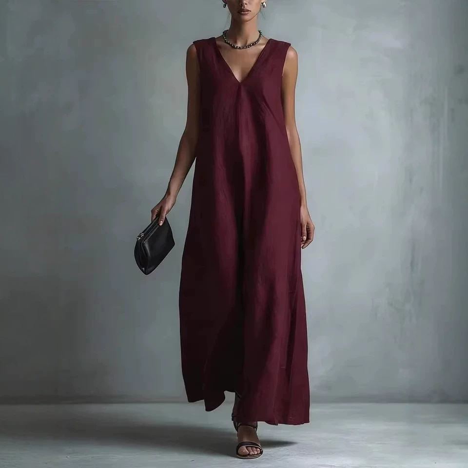Women's V-Neck Sleeveless Cotton Linen Dress Casual A-Line Midi