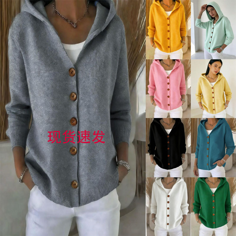 Women's Hooded Knit Cardigan Sweater, Solid Color Casual Long Sleeve