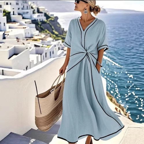 Women's Loose V-Neck Short Sleeve A-Line Midi Dress