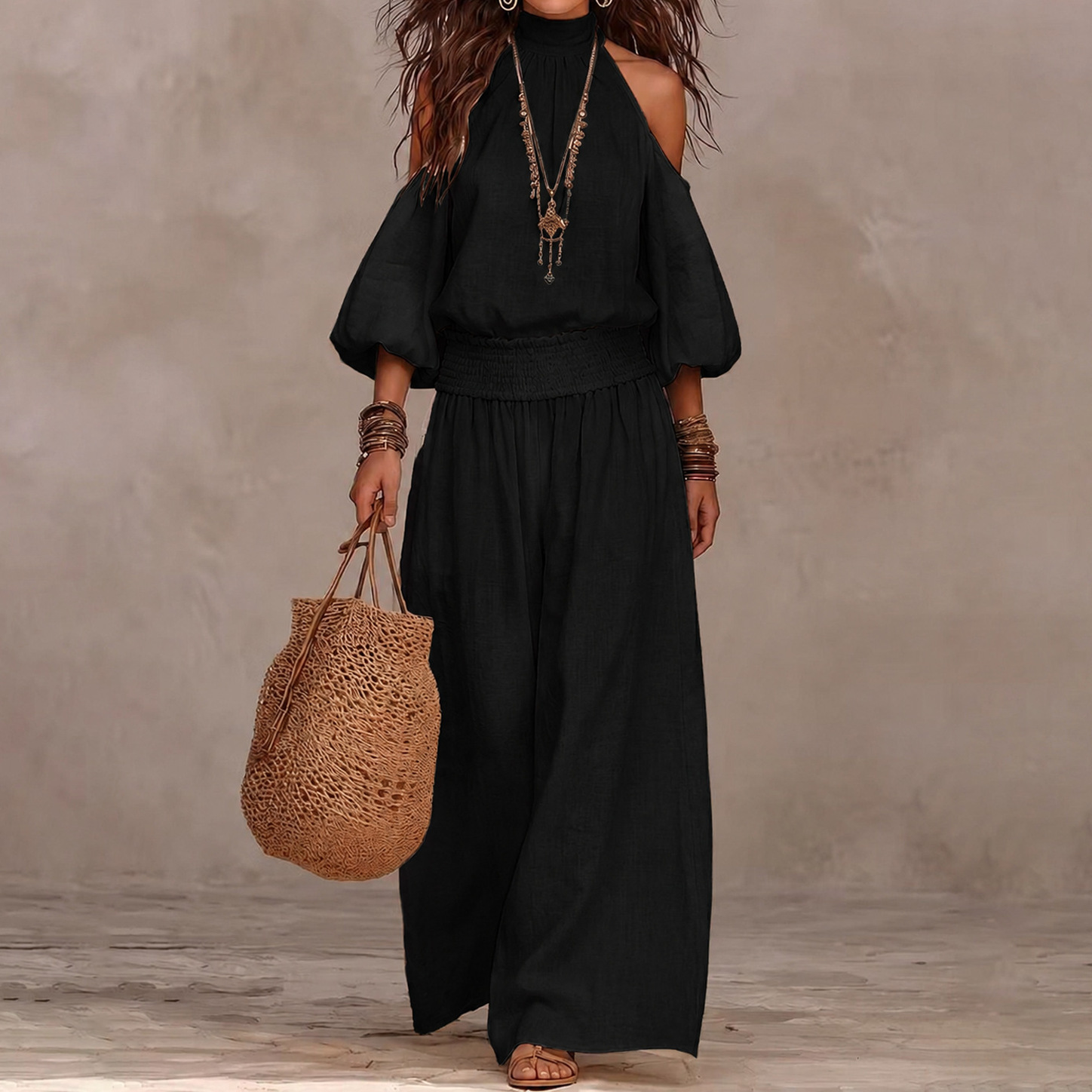Women's Casual Crewneck Loose Top & Wide-Leg Pants Set