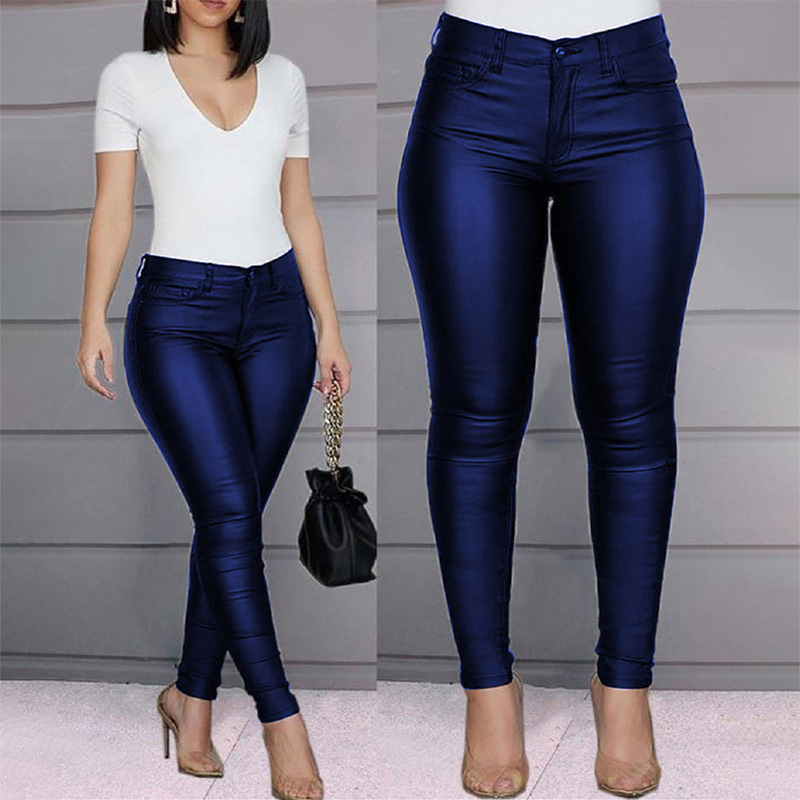 Women's Solid PU Leather High-Waist Skinny Pants