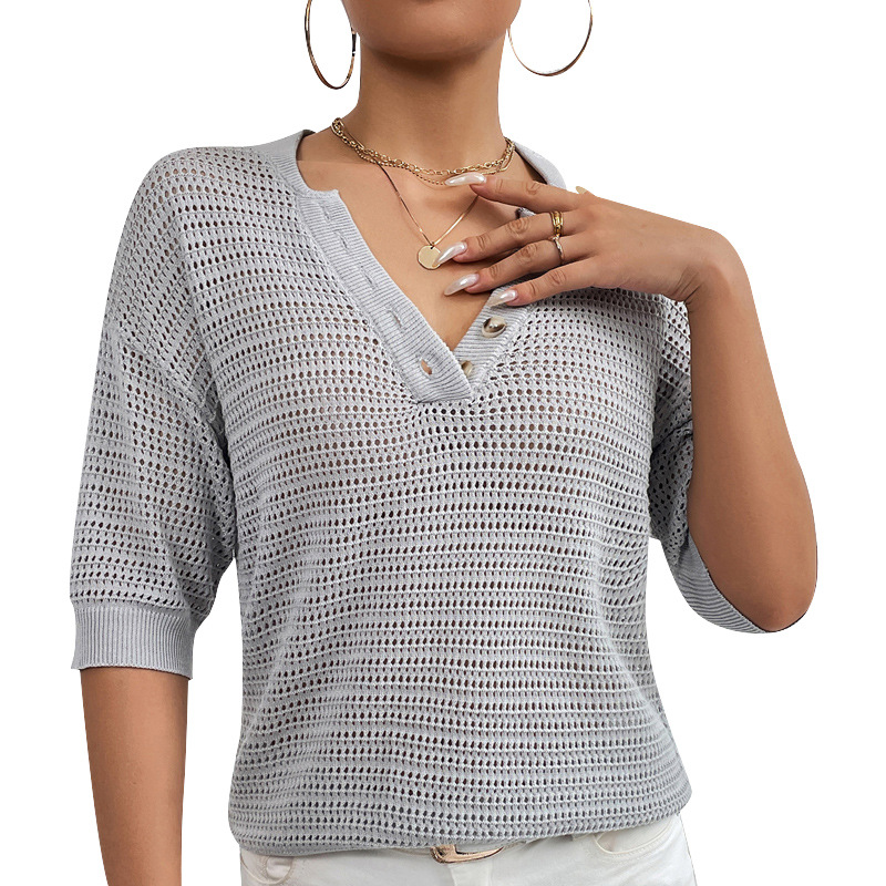 V-Neck Hollow-Out Knit Top Short Sleeve Casual