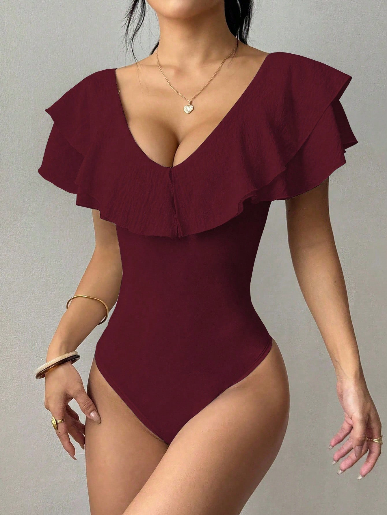 Sexy Deep V Ruffle Off-Shoulder Slimming Bodysuit