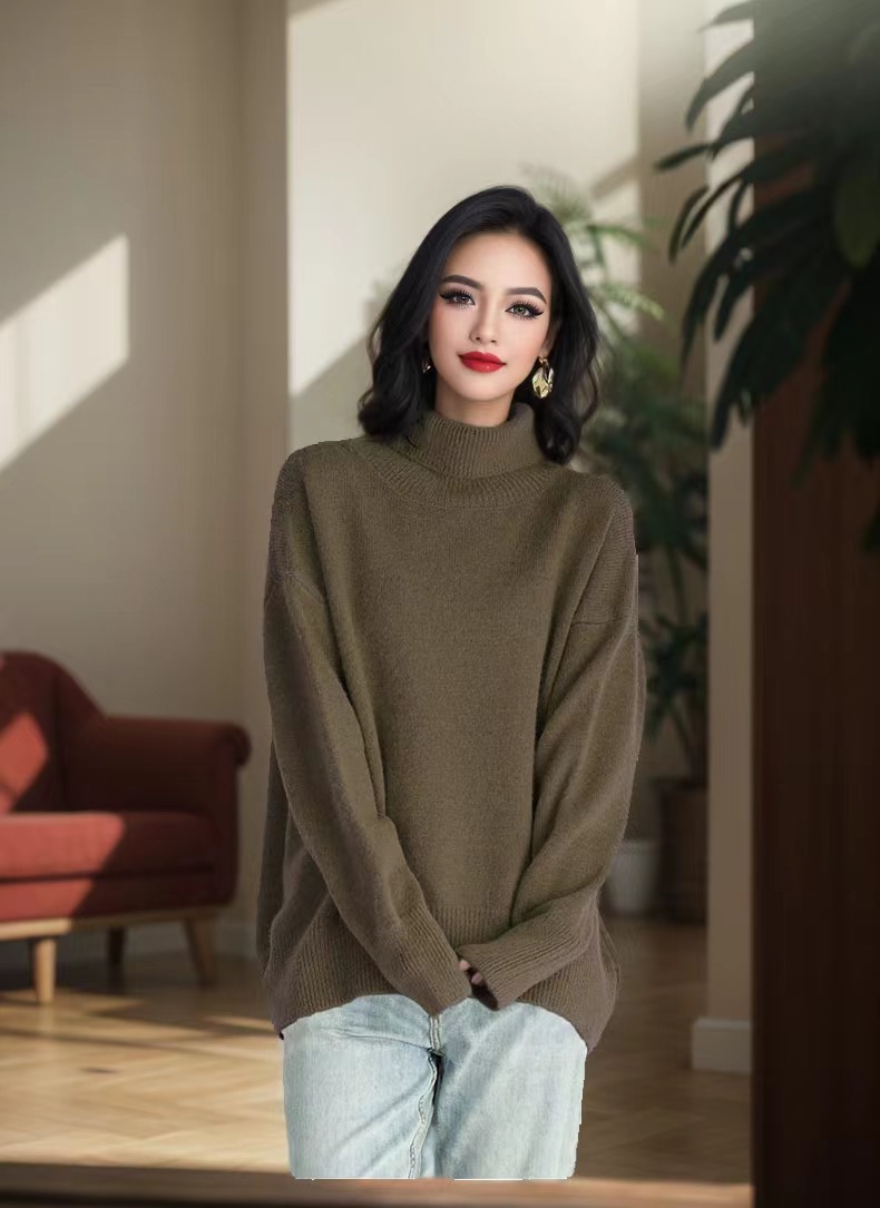 Women's Multi-Color Ribbed Turtleneck Knit Sweater Loose Lazy Style
