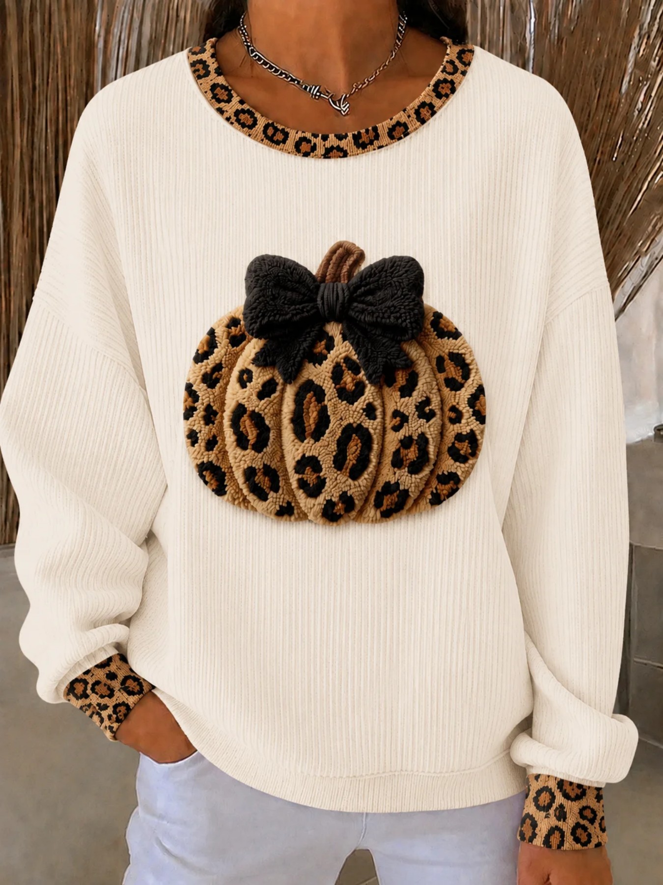 Pumpkin Leopard Bow Print Crewneck Long-Sleeve Women's Sweatshirt