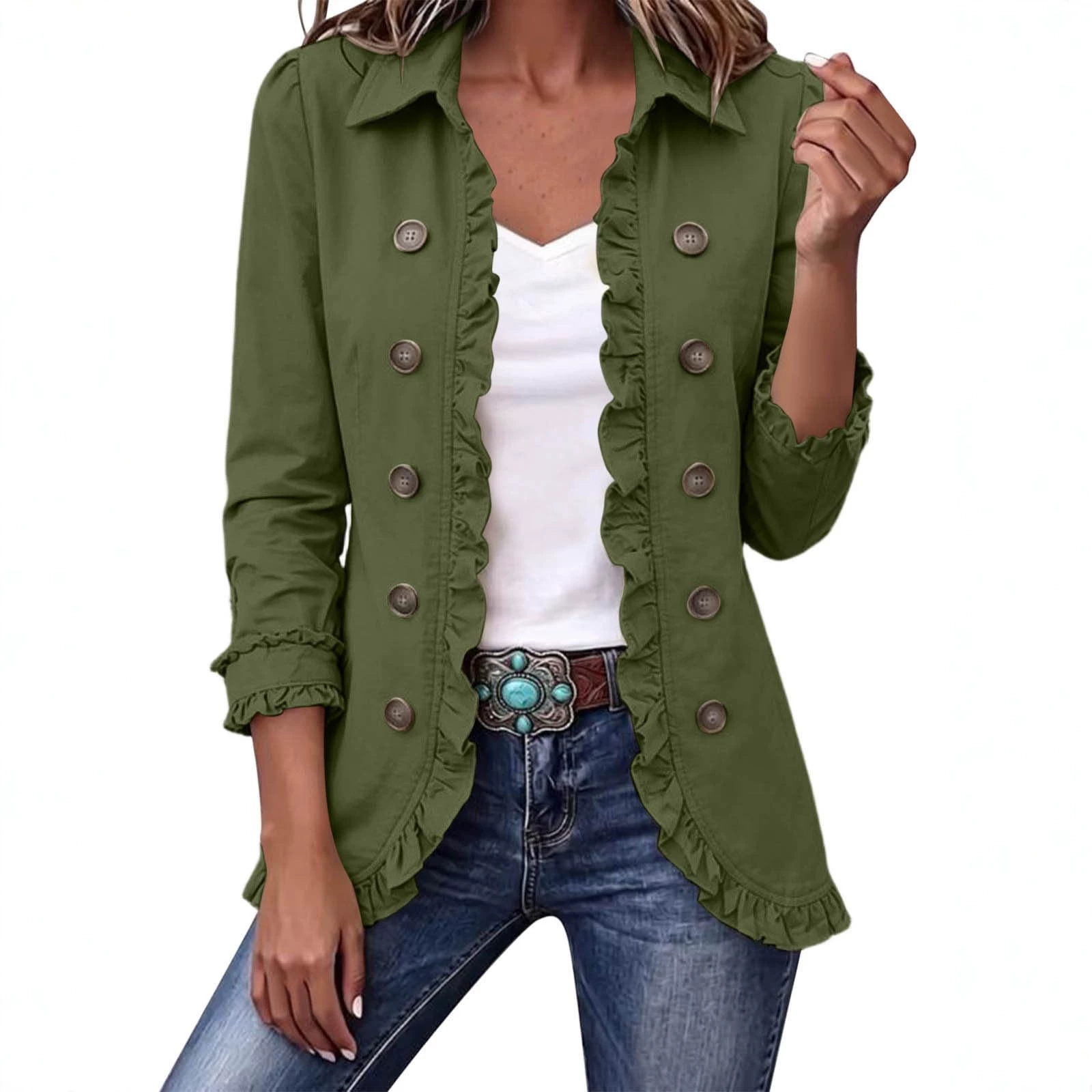 Ruffled Trim Solid Color Lapel Blazer Jacket