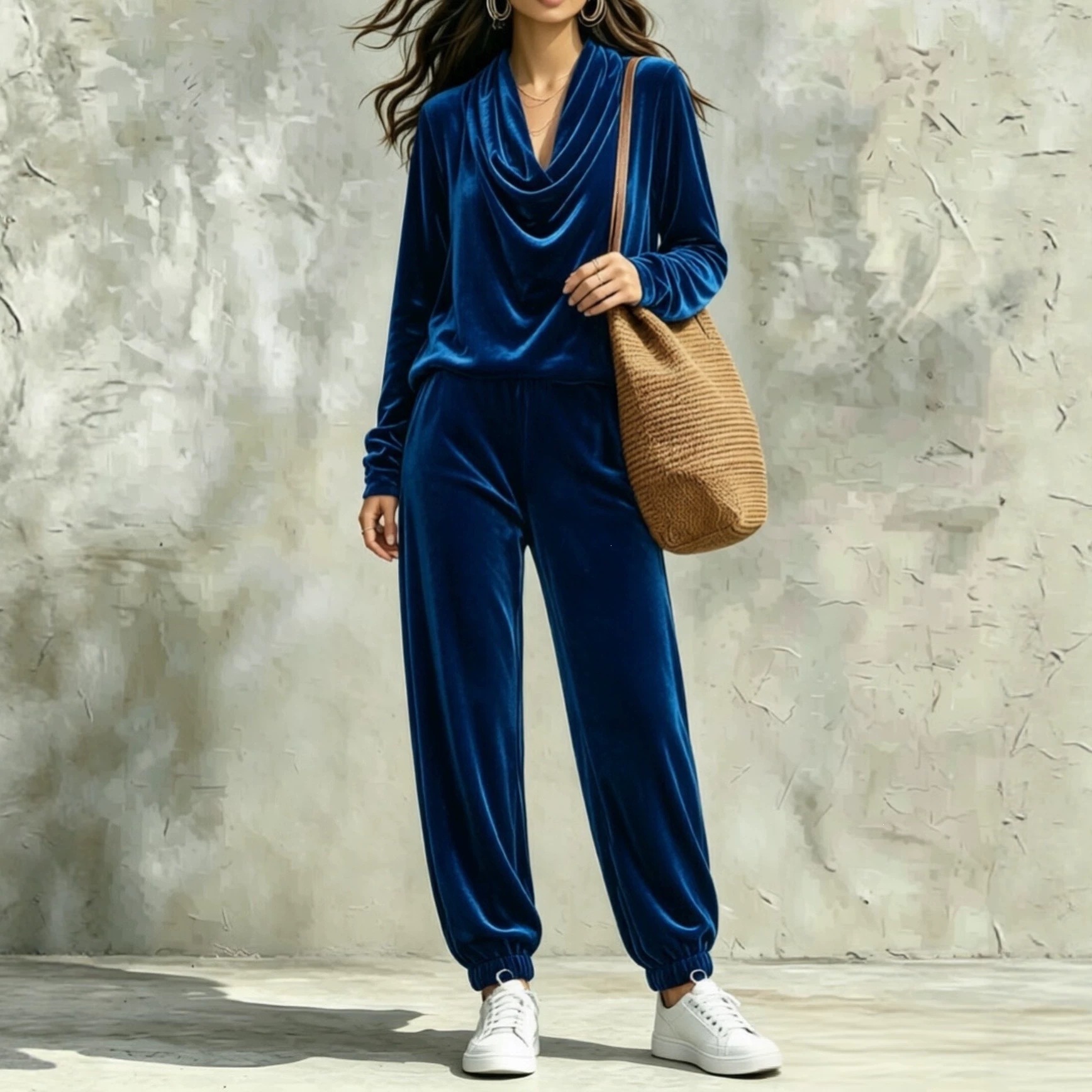 Women's Casual Cowl Neck Long Sleeve Top and Jogger Pants Set