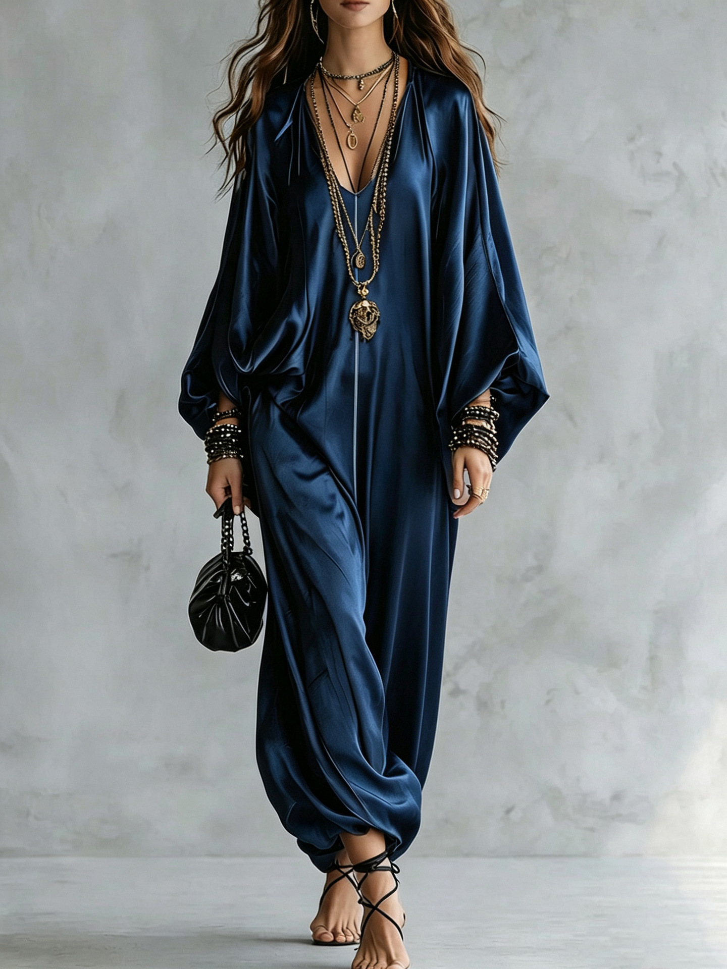 Women's Satin Jumpsuit Loose Wide-Leg Long Sleeve V-Neck