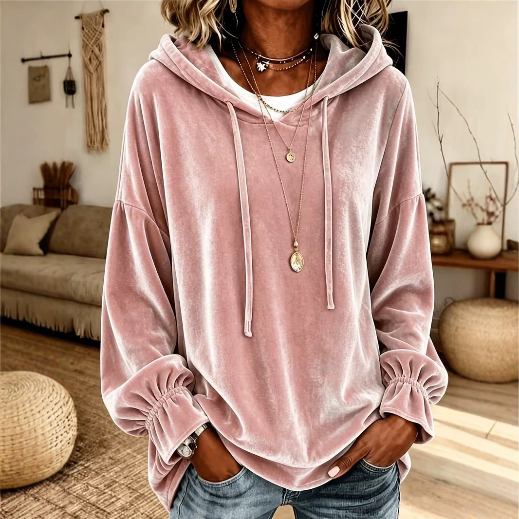 Women's Loose Hooded Velvet Sweatshirt with Drawstring