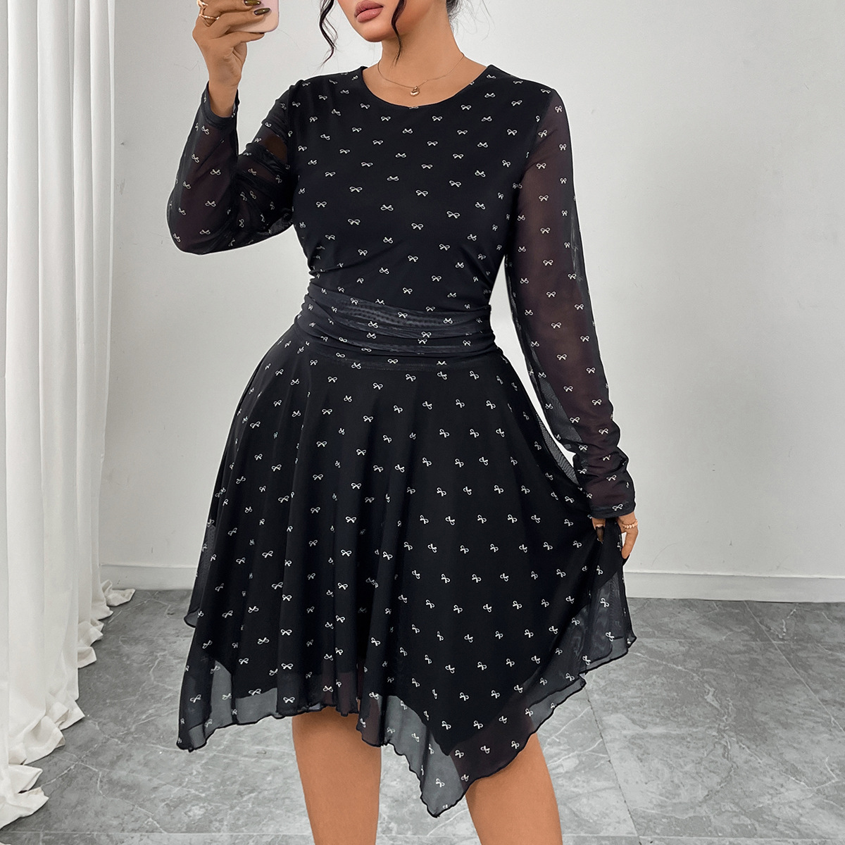 Bow Print A-Line Little Black Dress Hepburn Style Chiffon Midi