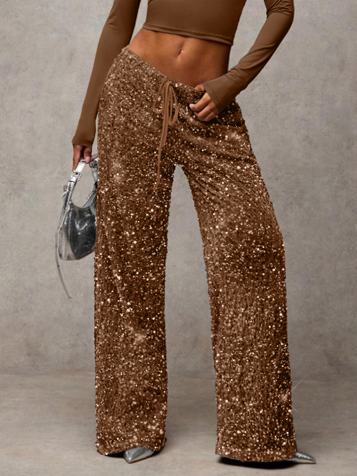 Sequin Drawstring Straight Leg Pants Stretch Slimming Women's