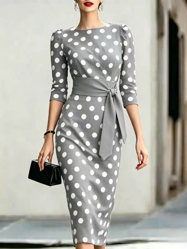 Color-Block Polka Dot Belted Slim Fit Long Sleeve Dress