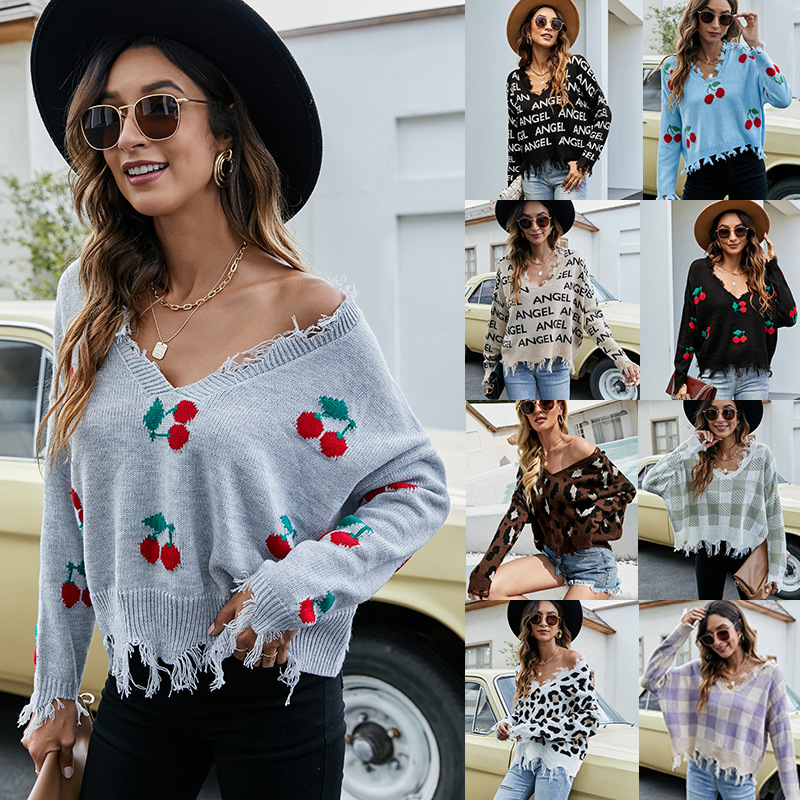 Women's Loose Cropped V-Neck Fringe Knit Sweater