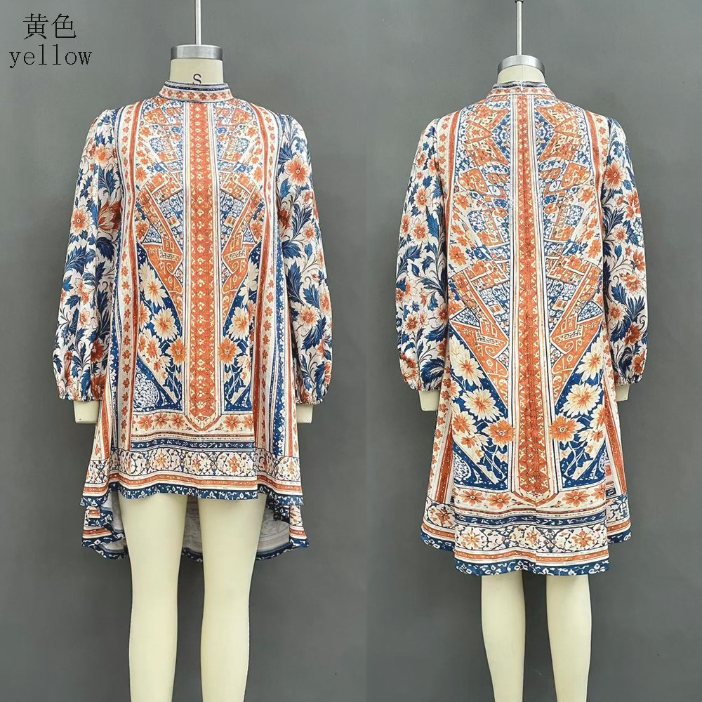 Women's Digital Print Midi Dress with Lantern Sleeves and Half Turtleneck