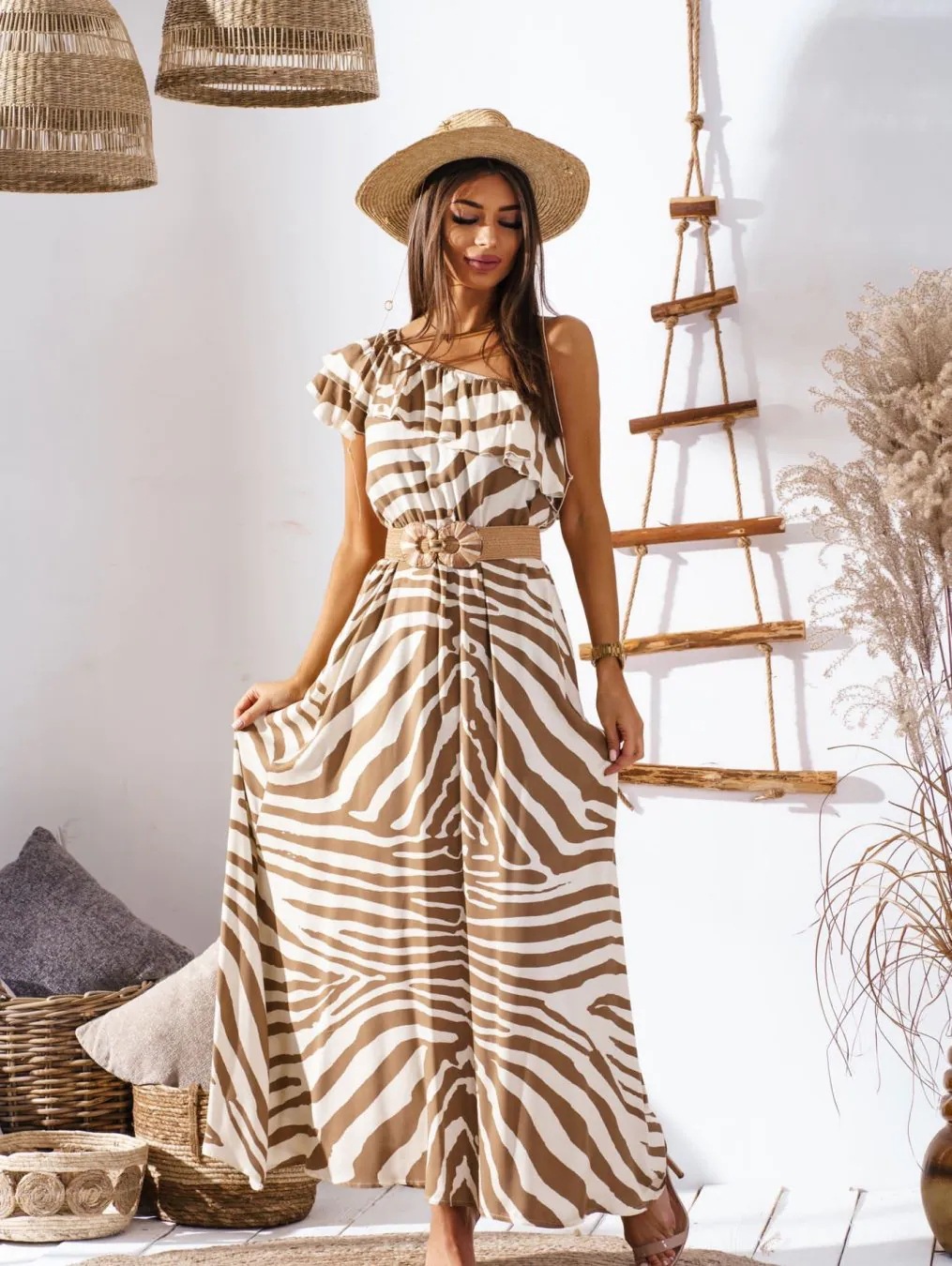 Women's Off-Shoulder Floral Print Long Dress with Waist