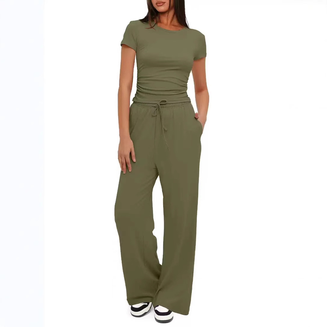 Women's Two-Piece Casual Set Ruched Short Sleeve Top Wide-Leg Pants