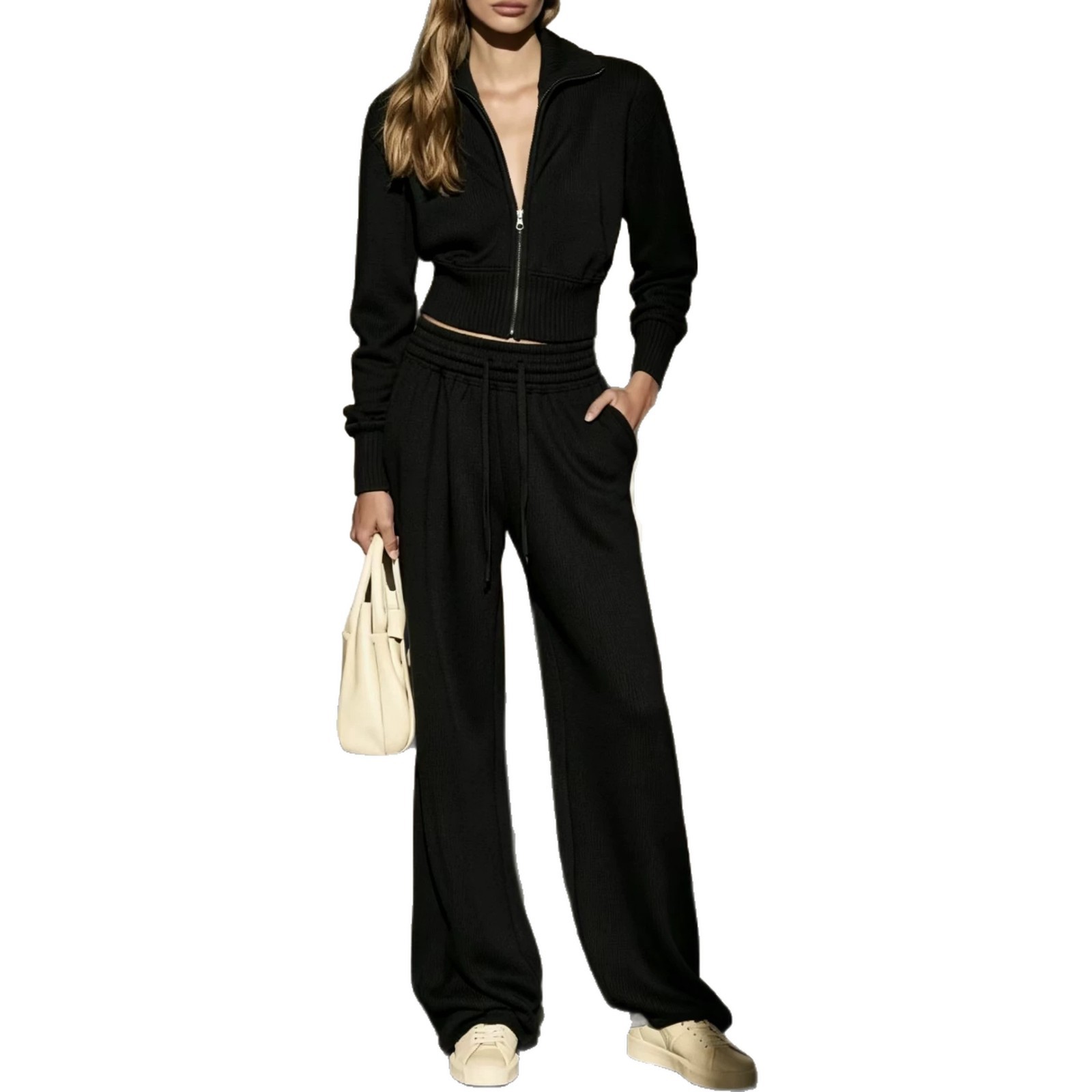 Women's Two-Piece Zip Cardigan Sweatshirt and Wide-Leg Pants Set