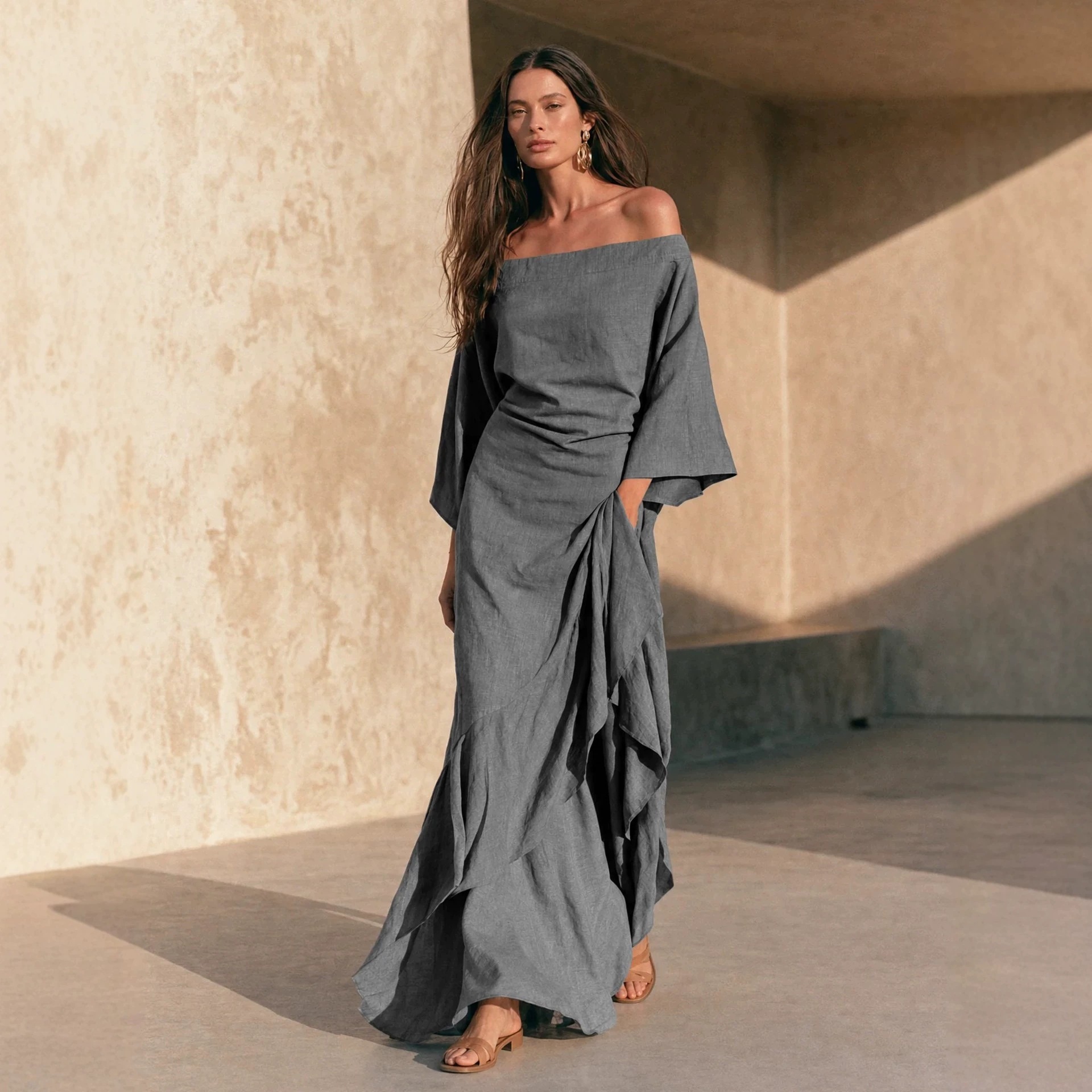 Off-Shoulder Batwing Sleeve Asymmetrical High-Waist Maxi Dress