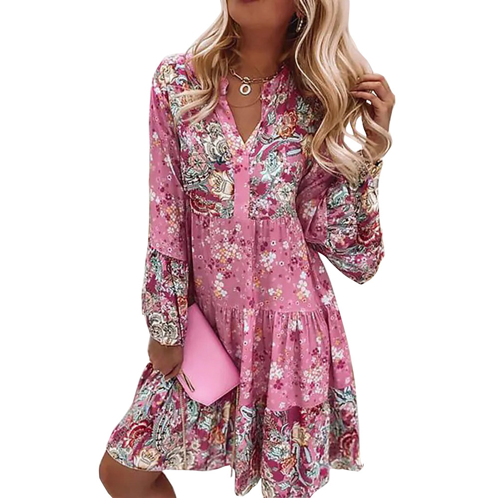 V-Neck Floral Print Layered Mini Dress with Long Sleeves