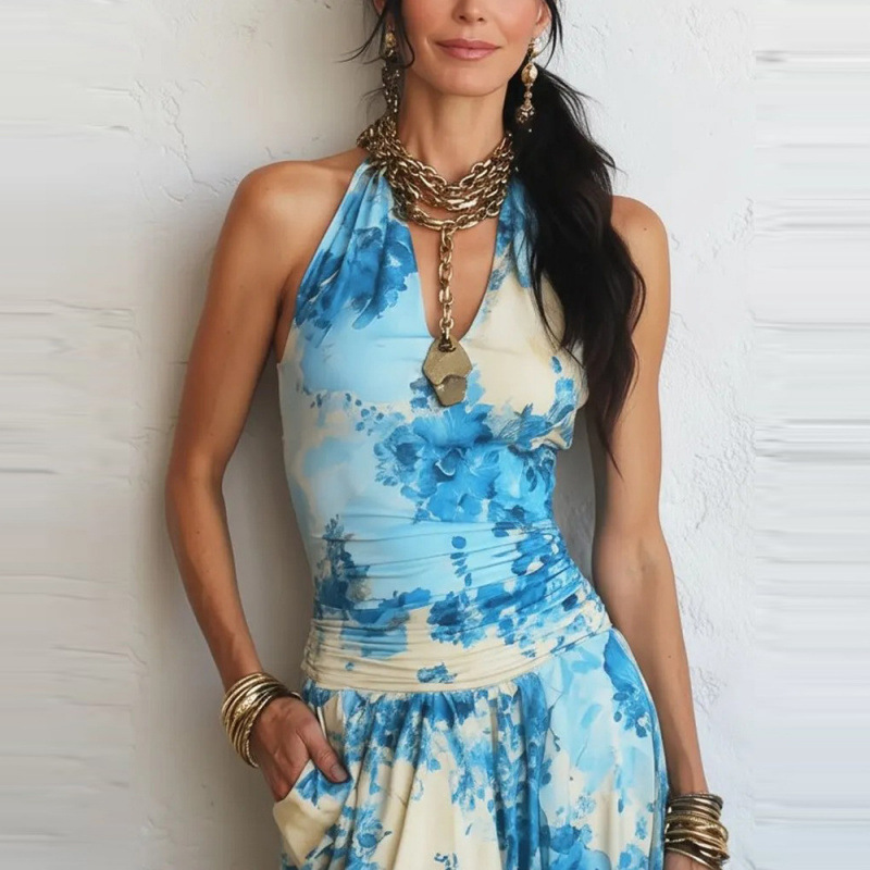 Floral Print Sleeveless Halter Neck Long Bodycon Dress