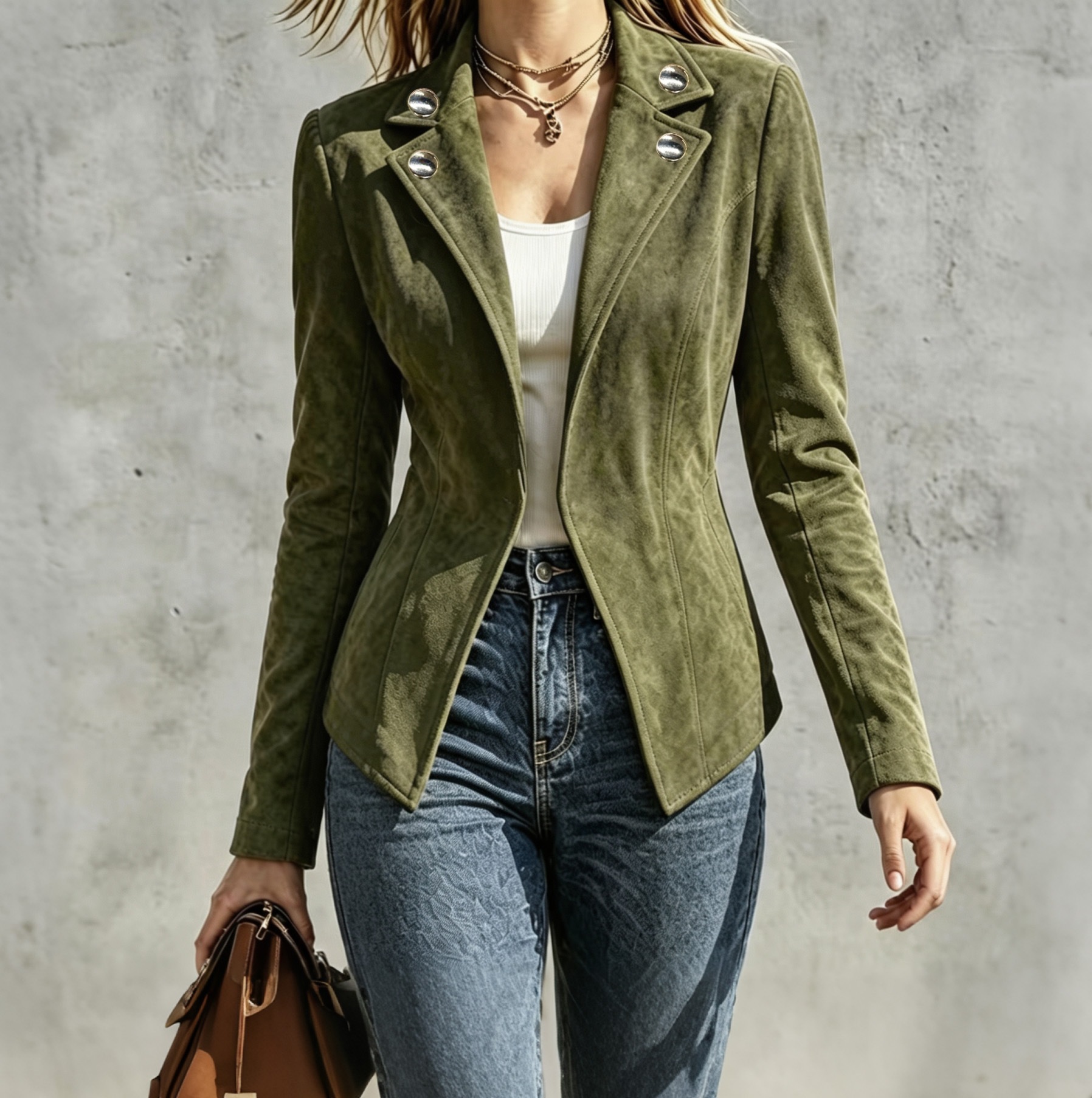 Women's Retro Faux Suede Slim Fit Button Lapel Long Sleeve Jacket