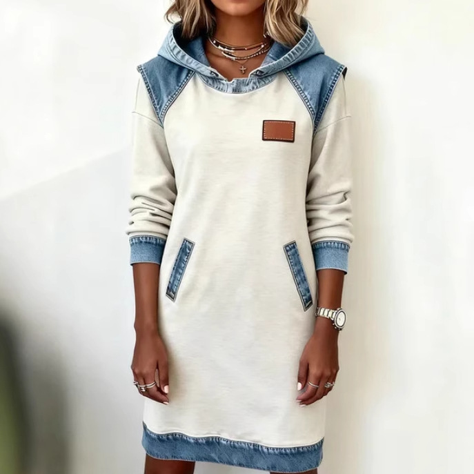 Hooded Faux Denim Patchwork Long Sleeve Sweatshirt Dress