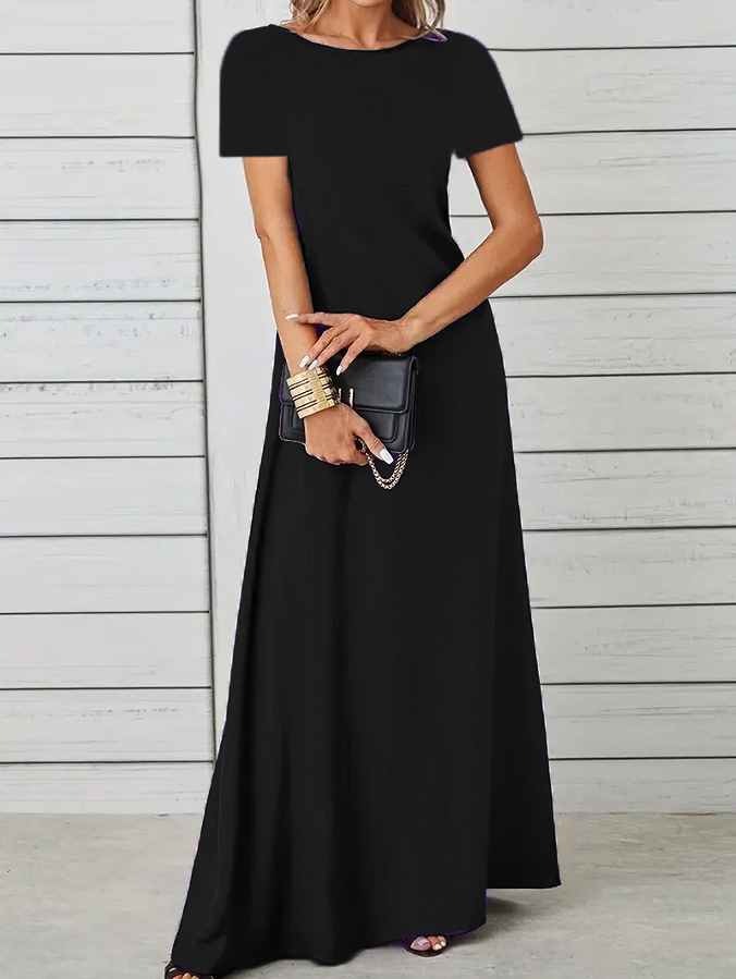Women's Slim Fit Soft Crew Neck Solid Short Sleeve A-Line Dress