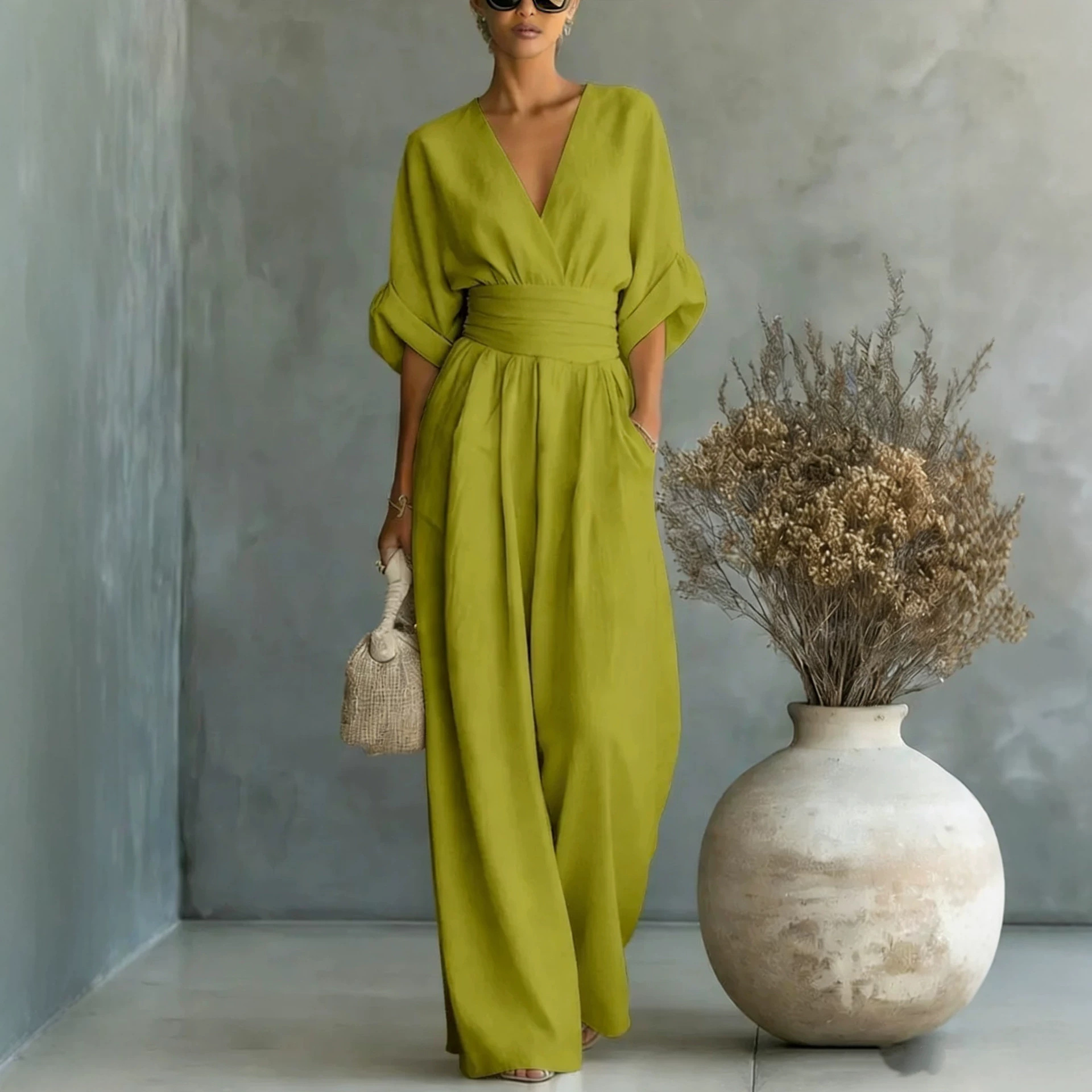 Elegant V-Neck Waist-Cinching Jumpsuit